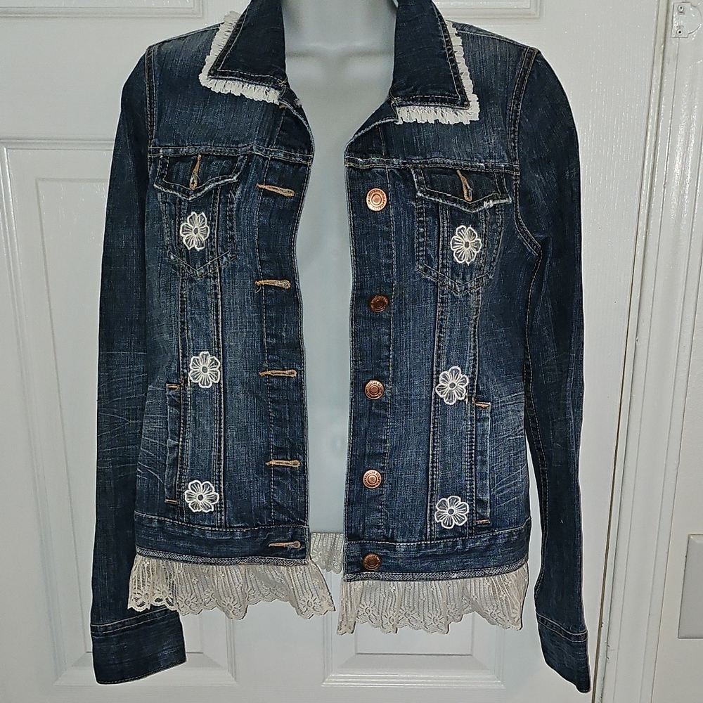 Dark Blue Ucycled Jean Jacket with Cream Colored Vintage Lace And Appliqué.
